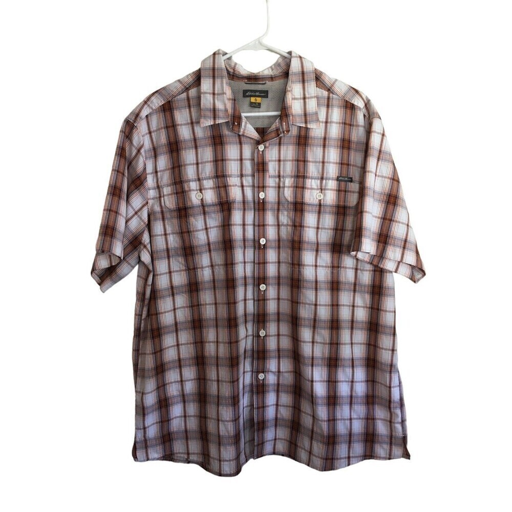 Eddie Bauer Shirt Men's Size XL Brown Orange Plaid Button Up Short Sleeve
